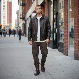 Andrew Marc Oversized Bomber Coat Mens Medium Leather Dark Brown Heavy Winter